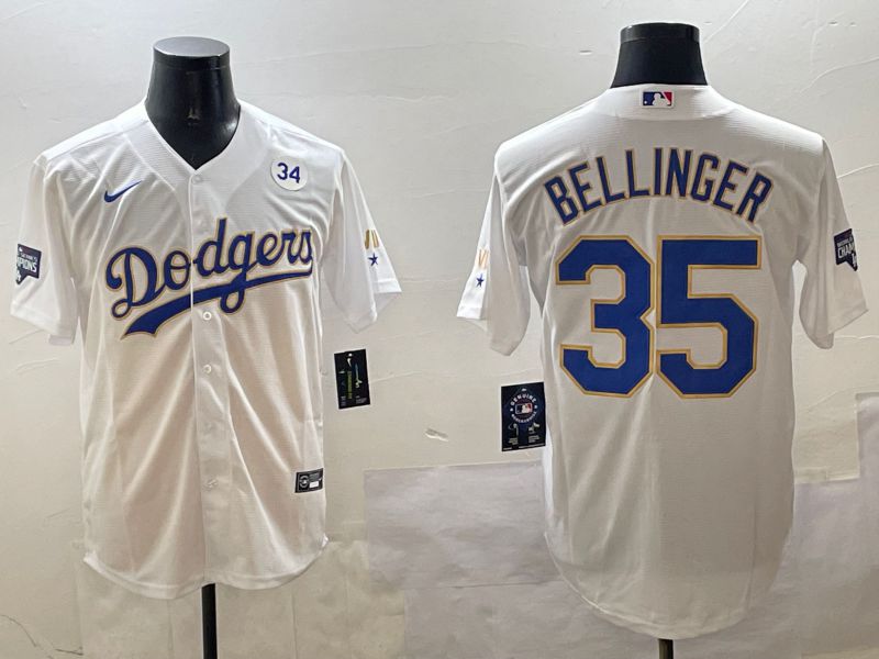 Men Los Angeles Dodgers 35 Bellinger White Gold Game 2025 Nike MLB Jersey style 8